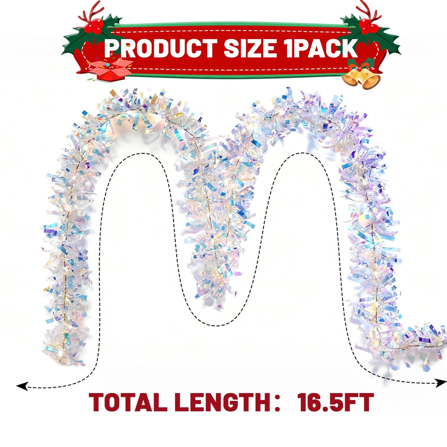 LAWOHO 16.5FT/5M Christmas Tinsel Garland with Lights, Shiny Iridescent Foil Garland for Valentines Day, Christmas Tree, Wedding Birthday Party, New Year Holiday, Indoor Outdoor Hanging Home Decor