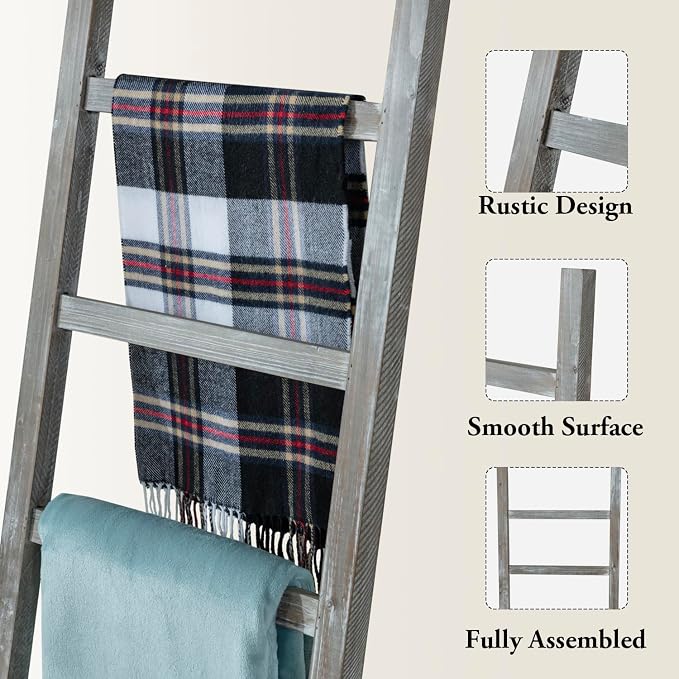 MyGift 54 inch Tall Fully Assembled Wood Blanket Ladder, 5-Tier Wall Leaning Towel Rack, No Assembly, Whitewashed