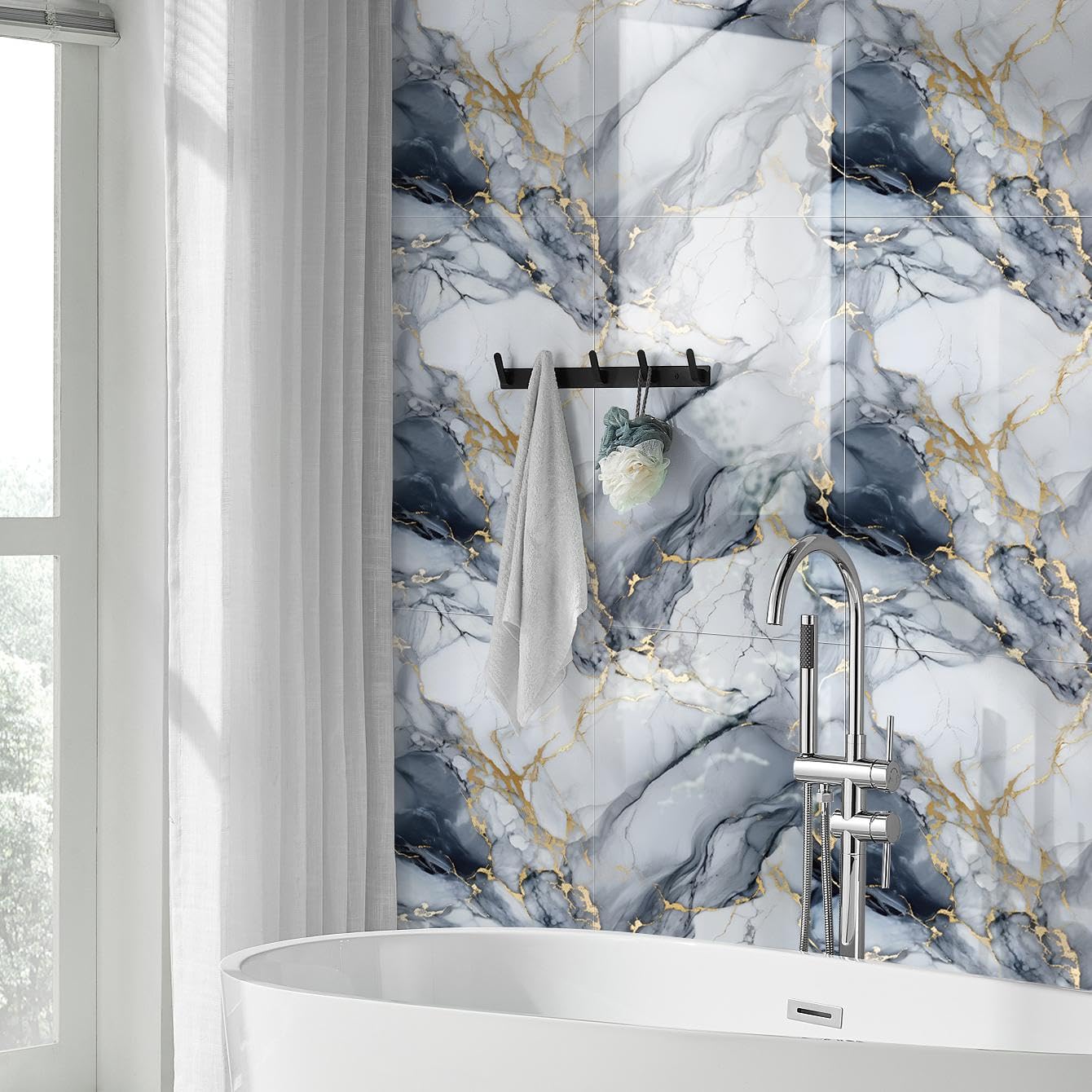 10pcs Thick Marble Peel and Stick Waterproof Wall Panels,Heat-Resistant Backsplash Tile, 23.6"x11.8" PVC Foam Wall Sticker for Kitchen,Living Rooms,TV Walls,Blue and Gold (Not Real Tile 19.4Sq. Ft.)