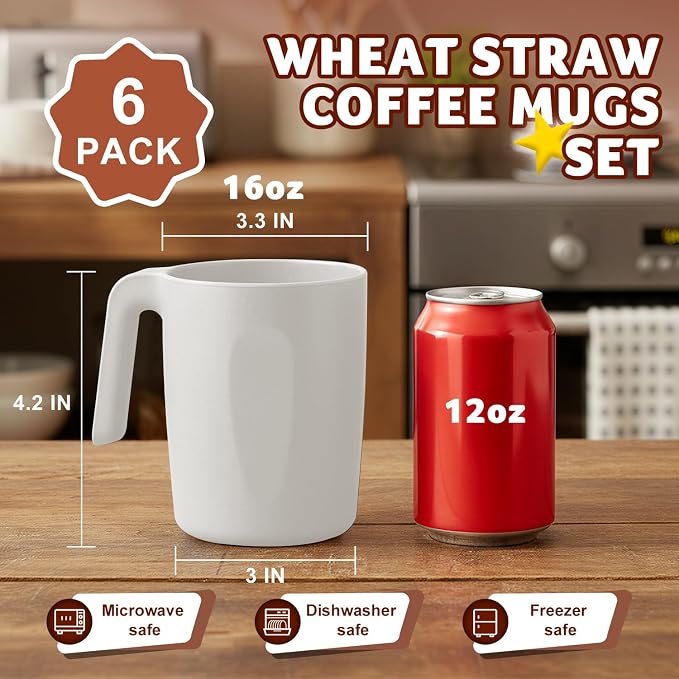 Wheat Straw Coffee Mugs Set of 6, Unbreakable 16 OZ Reusable Coffee Cups, Alternative Plastic Mugs with Handles, Lightweight Mug, Microwave Safe & Dishwasher Safe Mug Set, White