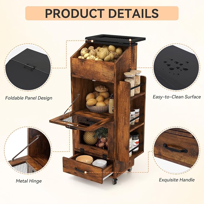 Verano Garden Potato and Onion Storage Bin on Wheels, Wood Bread Box with Lid & Mesh Doors, 4-Tier Rolling Fruit and Vegetable Storage Organizer w/Drawer & Side Rack for Kitchen (Rustic Brown, 16.0")