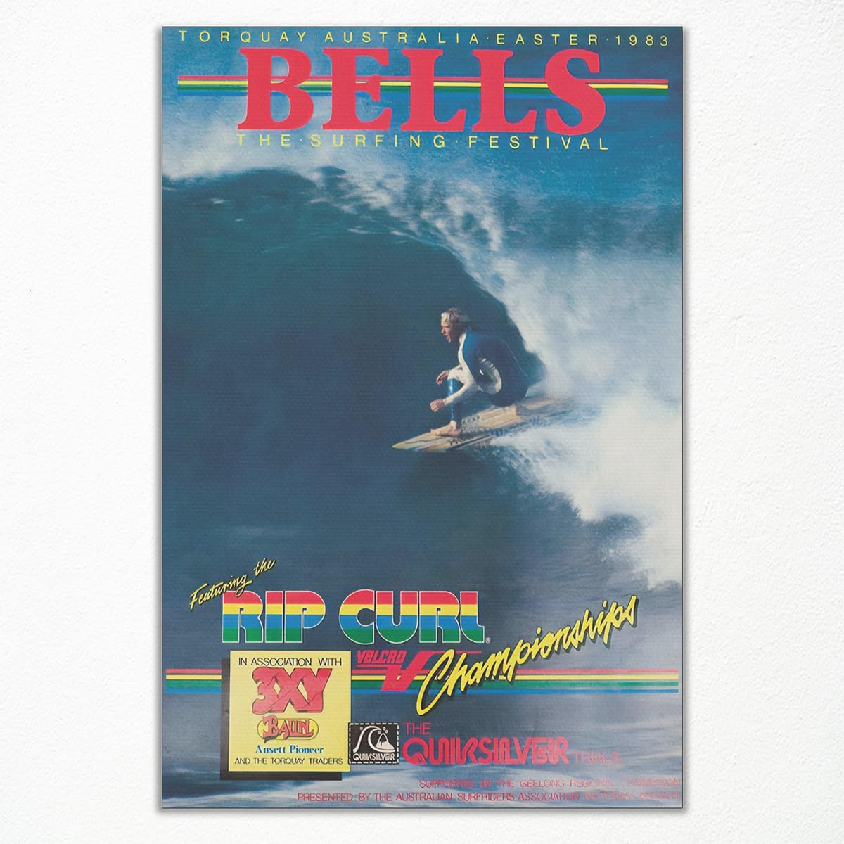 Beachy Surf Up Canvas Wall Art, 1983 Torquay Australia Easter Poster, Rip Curl Bell'S Surfing Competition Print, BELLS Summer Surfer Sports Magazine Cover Painting for Bedroom 8x12in Unframed