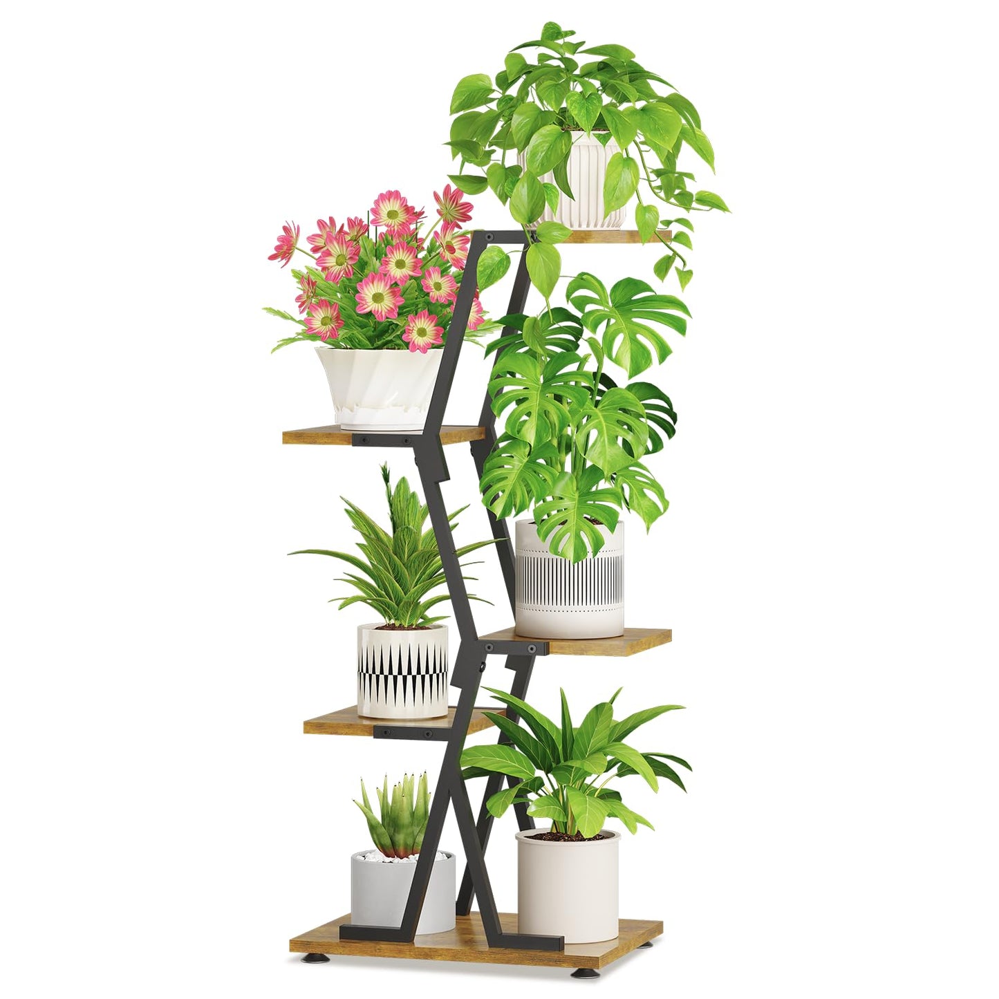 iDavosic.ly 4 Tier Indoor Plant Stand, Corner Tall Metal & Wood Flower Shelf, Orchid Display Rack for Living Room Balcony Patio Porch, Space Saving & Multifunctional Display, Black & Brown