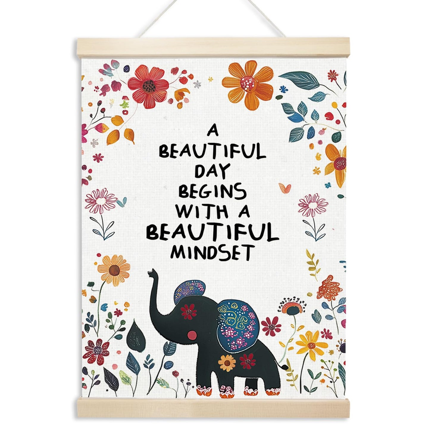 Xmsaitar Inspirational Elephant Floral Poster Hanger Frame Wall Decor, Nursery Mental Health Prints for Wall Decor Art, Rustic Flower Pictures Hanging for Girly Room Dorm Playroom 12x16in