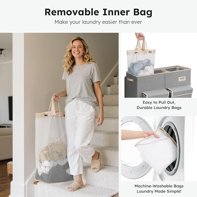 SOLEDI 220L Laundry Hamper 3 Section,Extra Large Laundry Basket with Lid and 2 Side Pockets, Dirty Clothes Hamper with Removable Bag Easy to Carry for Laundry Room, Bedroom, Bathroom, Grey