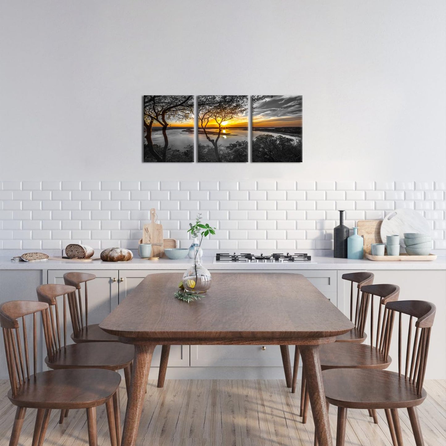 Nachic Wall 3 Piece Black and White Wall Art Golden Sunrise on Lake Picture Painting Print on Canvas Nature Landscape Poster for Living Room Bedroom Decor Framed Ready to Hang