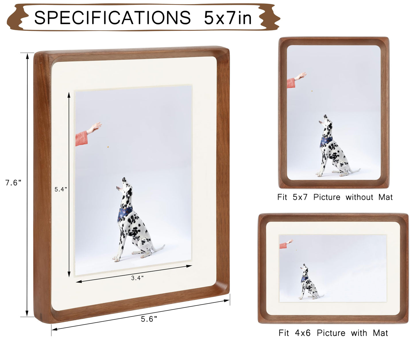 VAUWINEK 5x7 Picture Frame, Display Photos 4x6 with Mat or 5x7 without Mat, Made of Solid Natural Walnut Wood with Real Glass Vertical Horizontal Standing for Desk Tabletop Wall Hanging Gallery Frame
