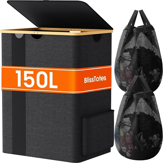 BlissTotes Laundry Basket with Lid, 150L Clothes Laundry Hamper with Handles and 2 Removable Laundry Bag, Breathable Design Hamper with Lid for Bedroom, Bathroom, Dorm, Laundry Room - Dark Grey