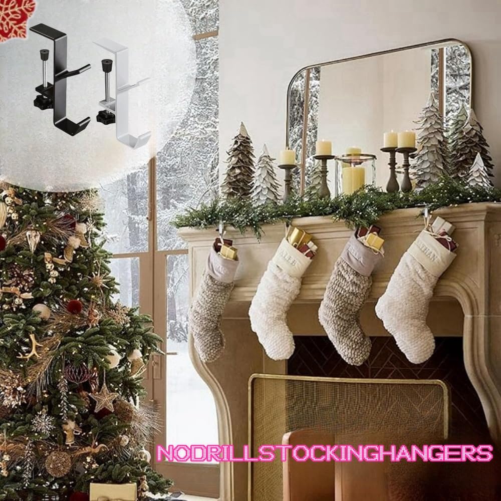 2 in 1 Garland Hangers and Fireplace Stocking Holders，Mantel Hanger for Garland Hooks for Christmas Adjustable No Drill Mantle Hooks Stocking Hanger for Fireplace Xmas Holiday Home Party Decoration
