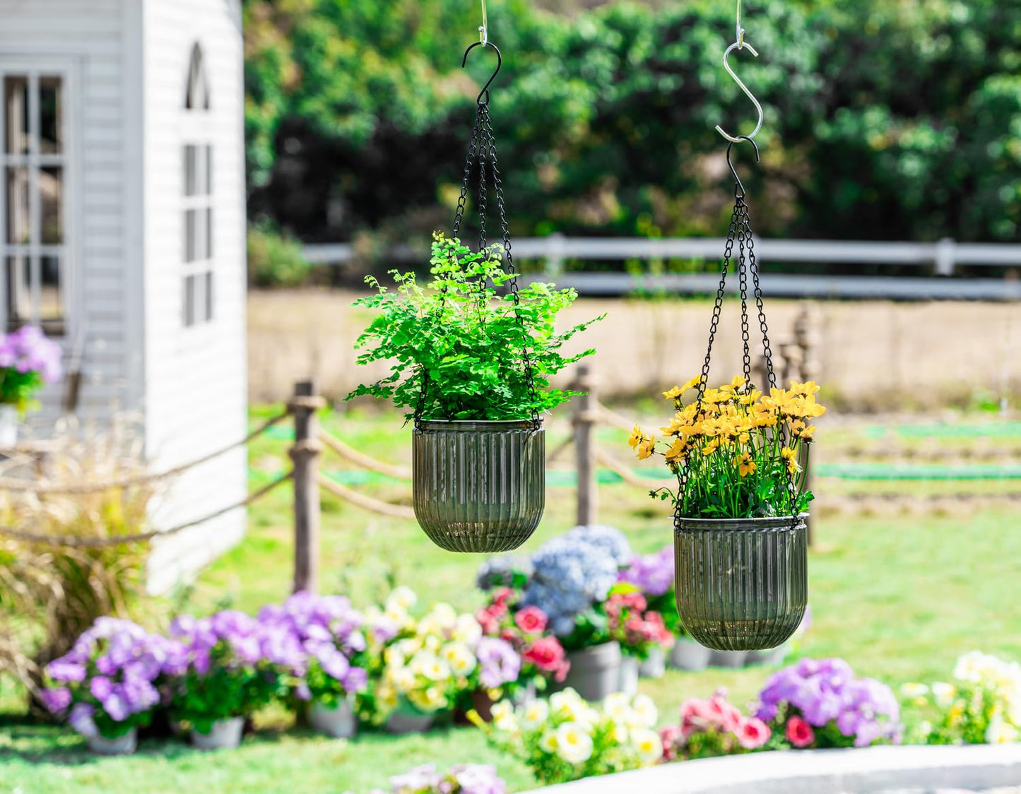 Melphoe 2 Pack Self Watering Hanging Planters Indoor Flower Pots, 5.3 Inch Outdoor Hanging Basket, Plant Hanger with 3Hooks Drainage Holes for Garden Home (Gray)