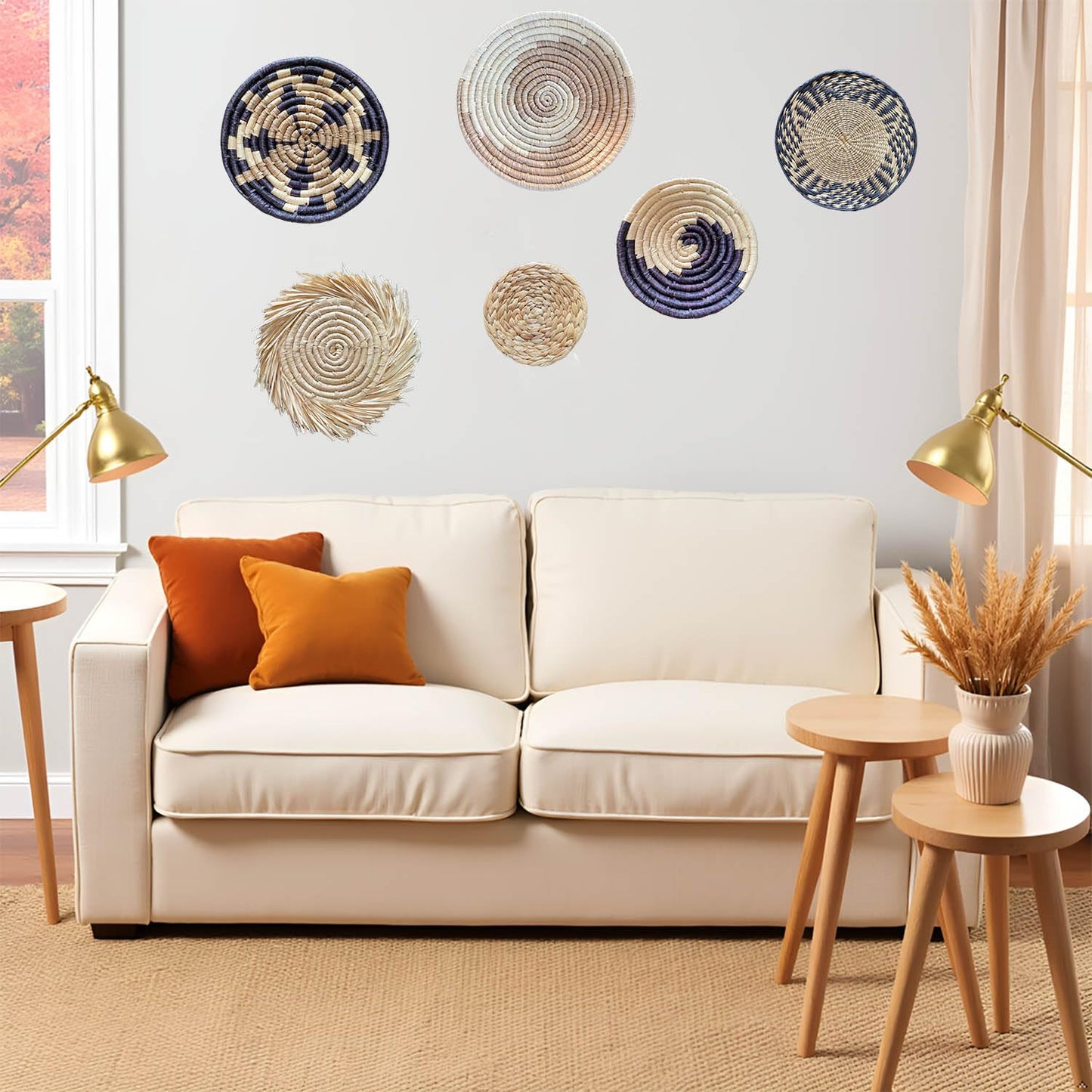 Laquedecraft Boho Round Handmade Wall Basket Decor | Woven Seagrass Rattan Wicker Wall Decor Hanging Rustic Flat Elegant Wall Art for Farmhouse Living Rooms Bedrooms Display Table Settings Kitchen Home (Bohemian, 6)