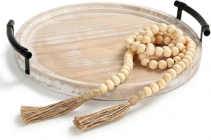 13" Round Decorative Wood Tray with Handles, Whitewashed Farmhouse Coffee Table Decor for Living Room, Entryway & Kitchen Island, Includes Bead Garland, Giftable Home Decor