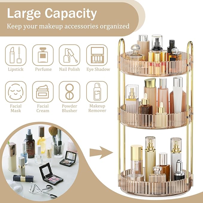 MOKANI 360 Rotating Makeup Organizer for Vanity, 3 Tier Adjustable Perfume Organizer for Dresser, Multi-Function Spinning Cosmetics Skincare Storage for Bedroom, Dresser, Countertop, Amber