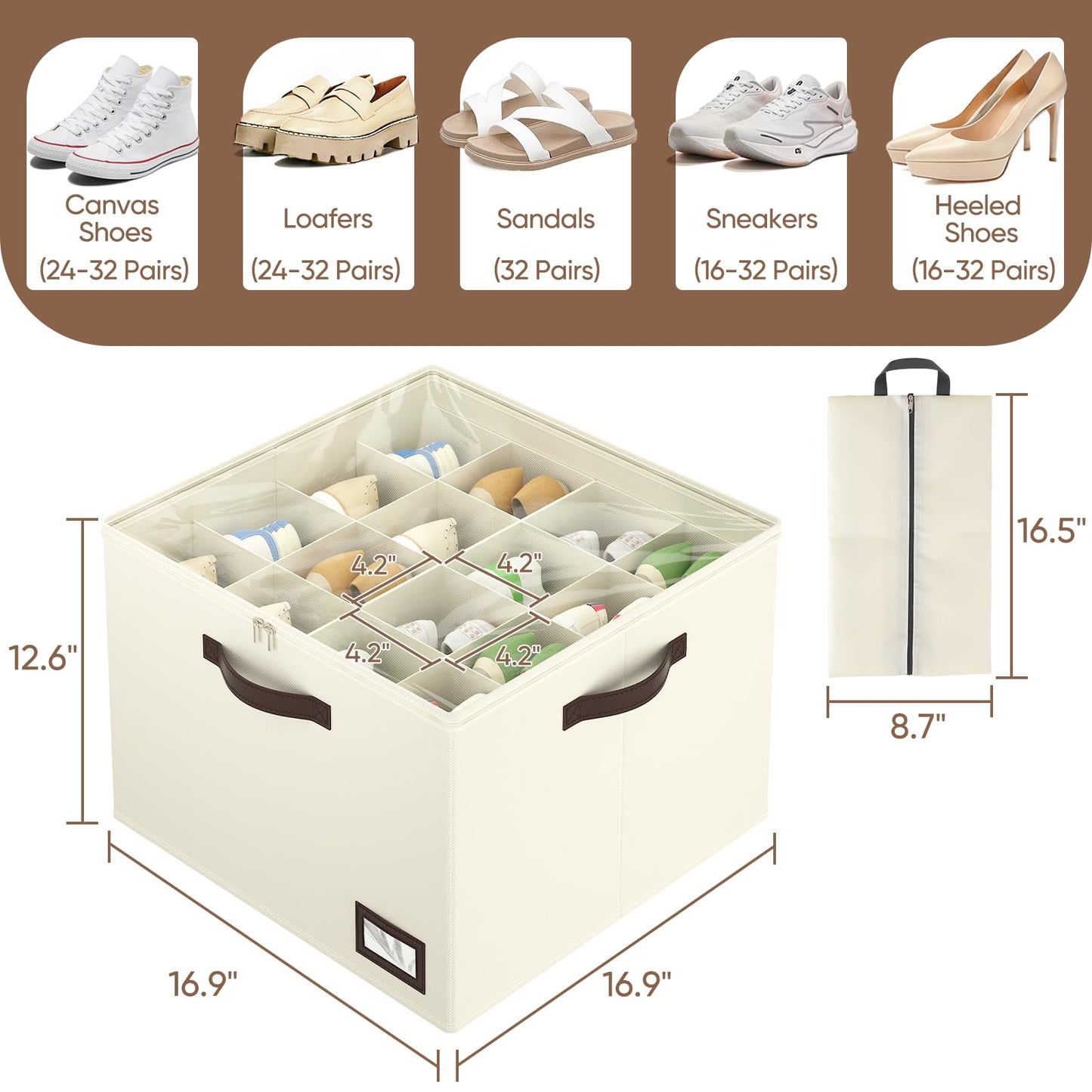 OIAHOMY 2 Pack Shoe Organizer for Closet, Large Foldable Shoe Storage Bins with Dividers and Reinforced Handles, Each Clear Cover Sneaker Box Fits Up to 16 Pairs for Entryway and Bedroom, Beige
