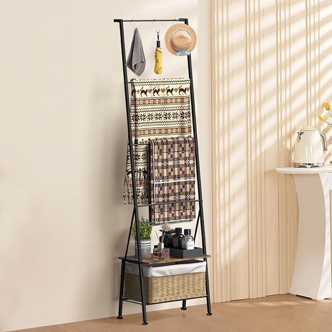 Blanket Ladder Towel Rack with Storage Shelf and Hooks, Decorative Scarf Rack, Throw Blanket Holder Ladder Shelves for Bathroom Living Room, Rustic Brown