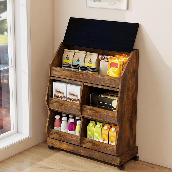 ARTETHYS Potato and Onion Storage Bin for Kitchen Large Potato Storage Box with Wheels 3 Tier Bread Container Holder with Lid and Grocery Section Decorative Vegetable Organization Cabinet for Kitchen