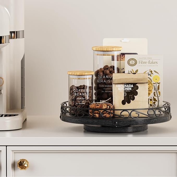 Yoobure 10" Lazy Susan Turntable for Cabinet - Farmhouse Wooden Round Tray for Table Top, 360° Rotating Lazy Susans Counter Organizer with Patterned Raised Edge for Kitchen Dining Table Decor, Black