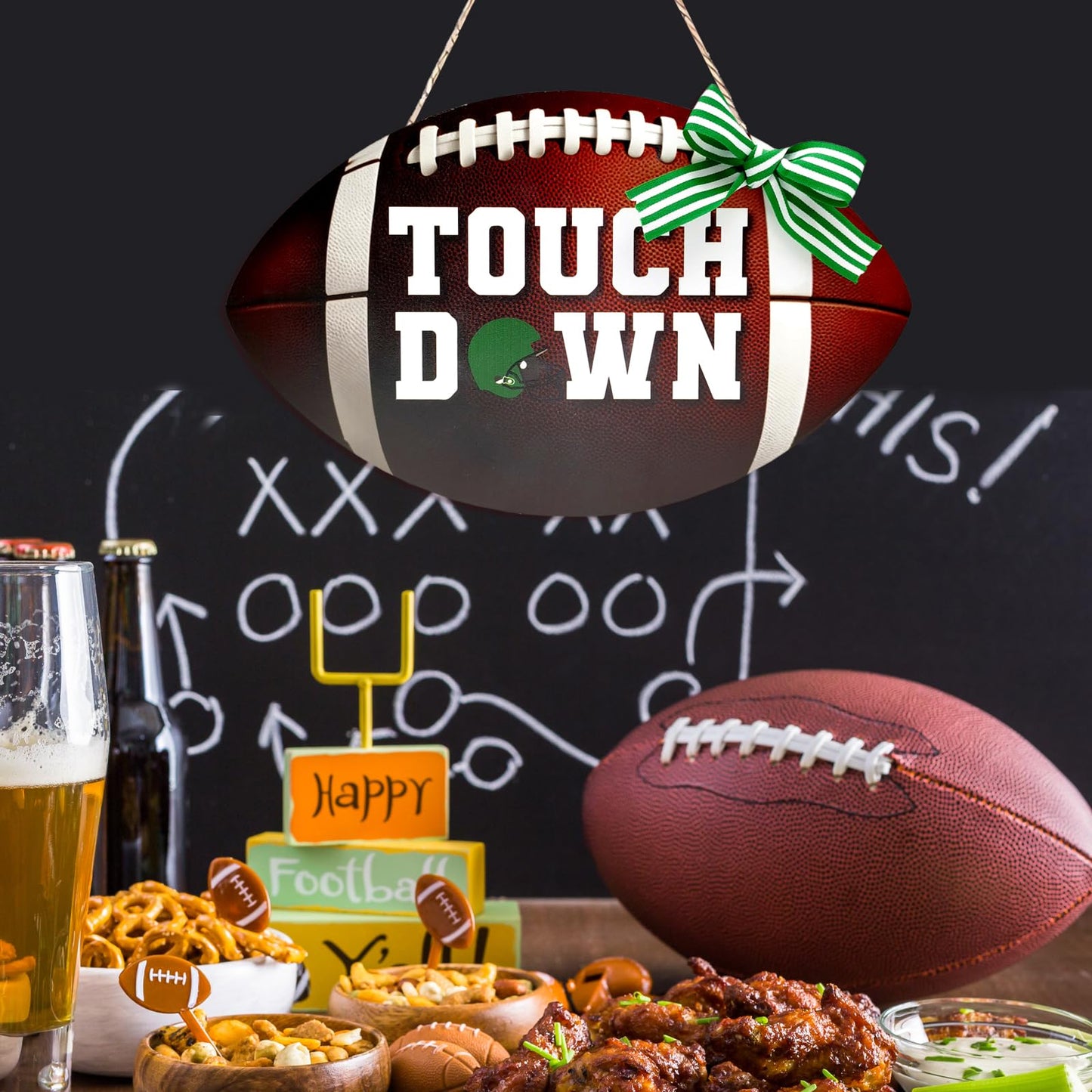 Football Touch Down Sign for Front Door Football Wooden Hanging Sign with Burlap Bow Football Season Wall Decor Farmhouse Football Rustic Wooden Wreath for Home Decorations
