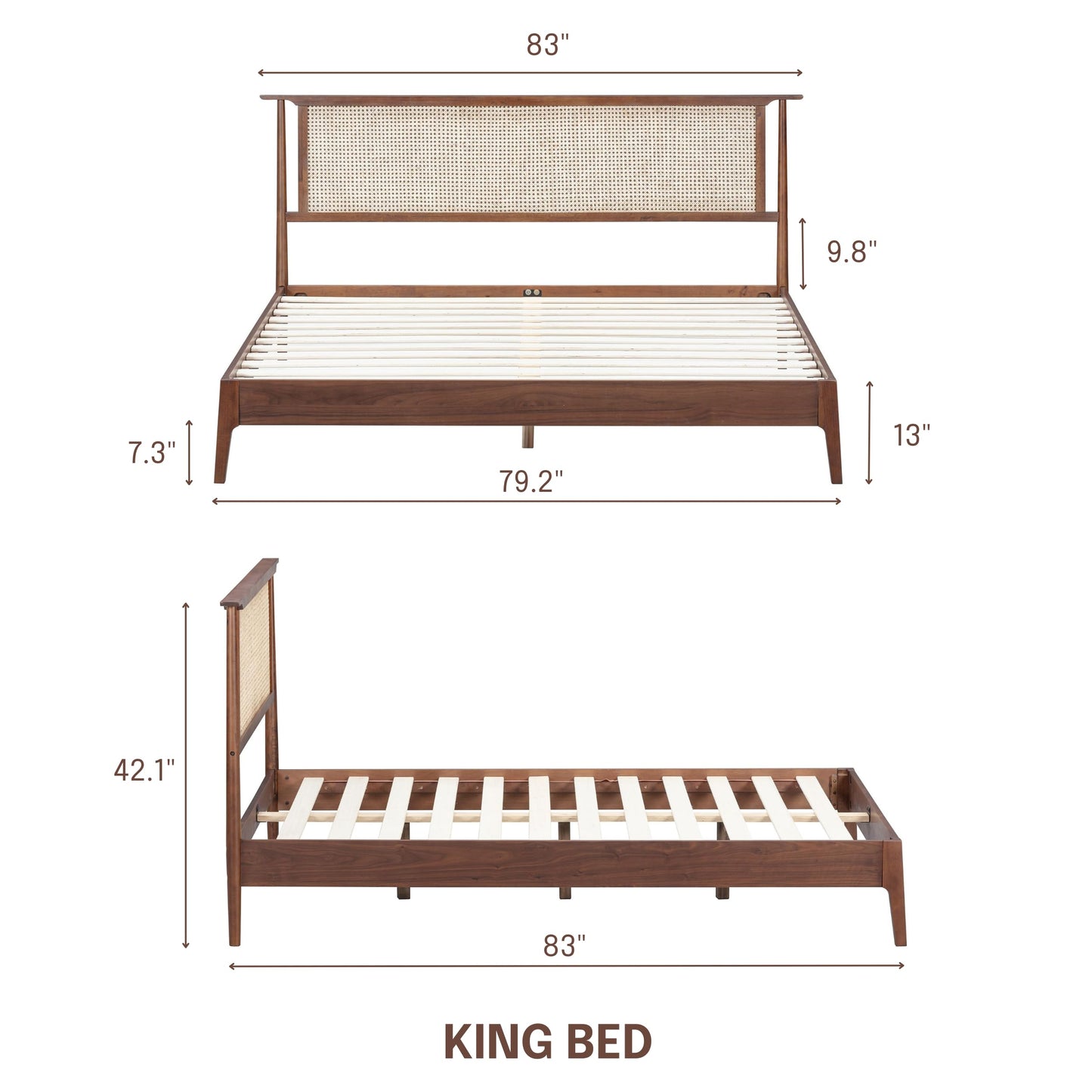 NTC Ruby Wooden Bed Frame with Headboard and Natural Rattan, Solid Oak/Rubber Wood Foundation with Silent Slats, 1000 Lb Capacity, Effortless Assembly (Natural Cane - Dark Walnut, King)