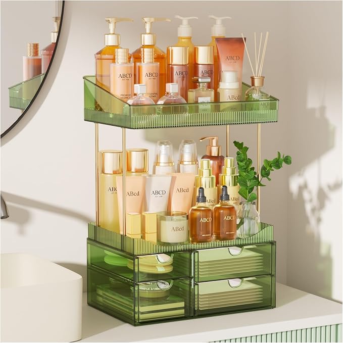SNSLXH 4 Drawers Makeup Organizer - 4 Tier Makeup Storage, Cosmetics Organiser, Ideal for Cosmetic, 4 Dividers with Drawers for Countertop, Bathroom, Office Supplies, Dresser Transparent Green