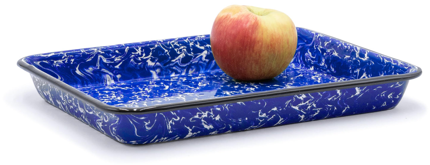 Red Co. 11" x 9" Enamelware Metal Classic 2 Quart Rectangular Serving Tray, Navy Blue Marble/Black Rim - Splatter Design