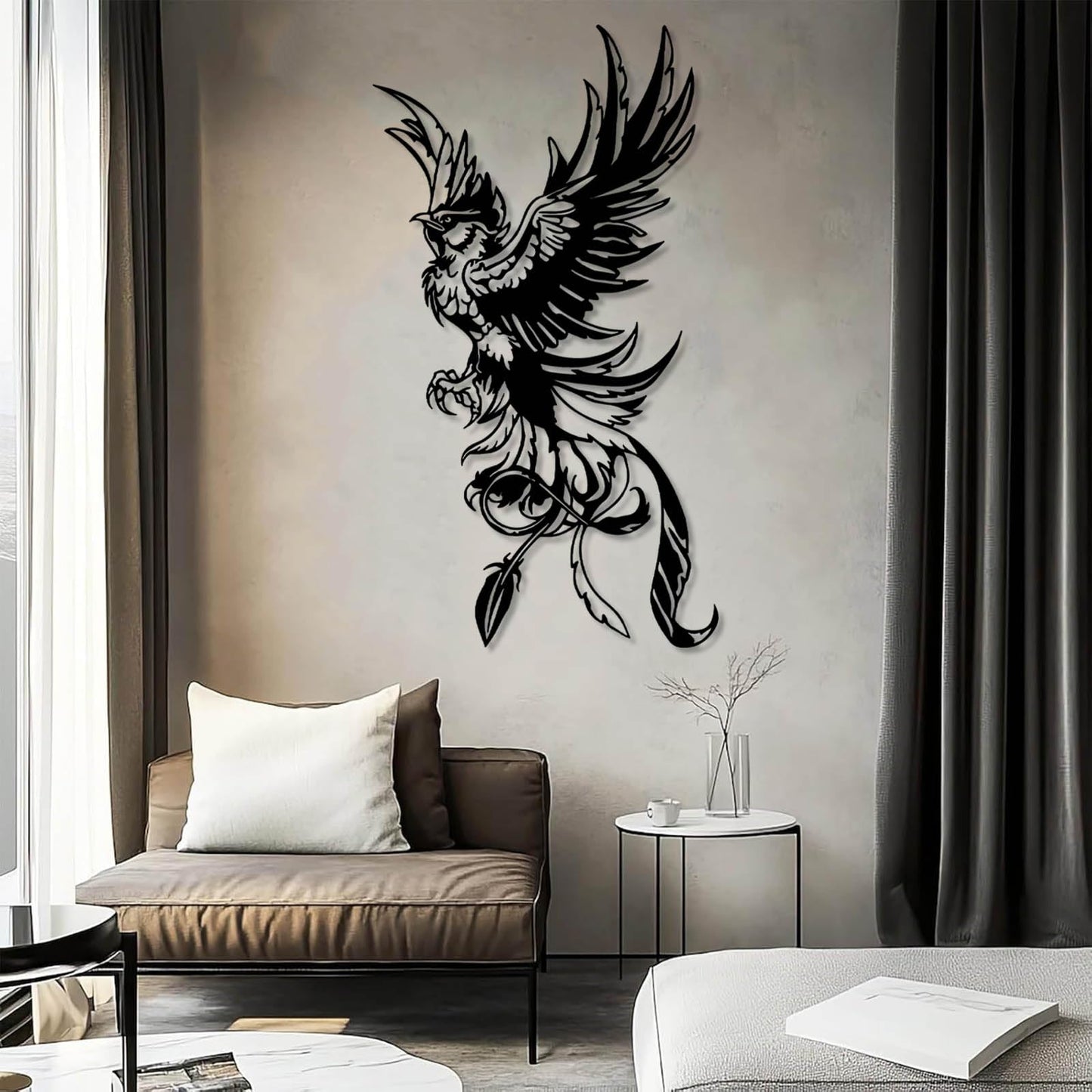 vinwipe Phoenix Metal Wall Art, Metal Phoenix Wall Decor, Bird Wall Decor, Mythical Wall Art, Outdoor Bedroom Wall Hanging (Black, 30"x17"/76x42cm)