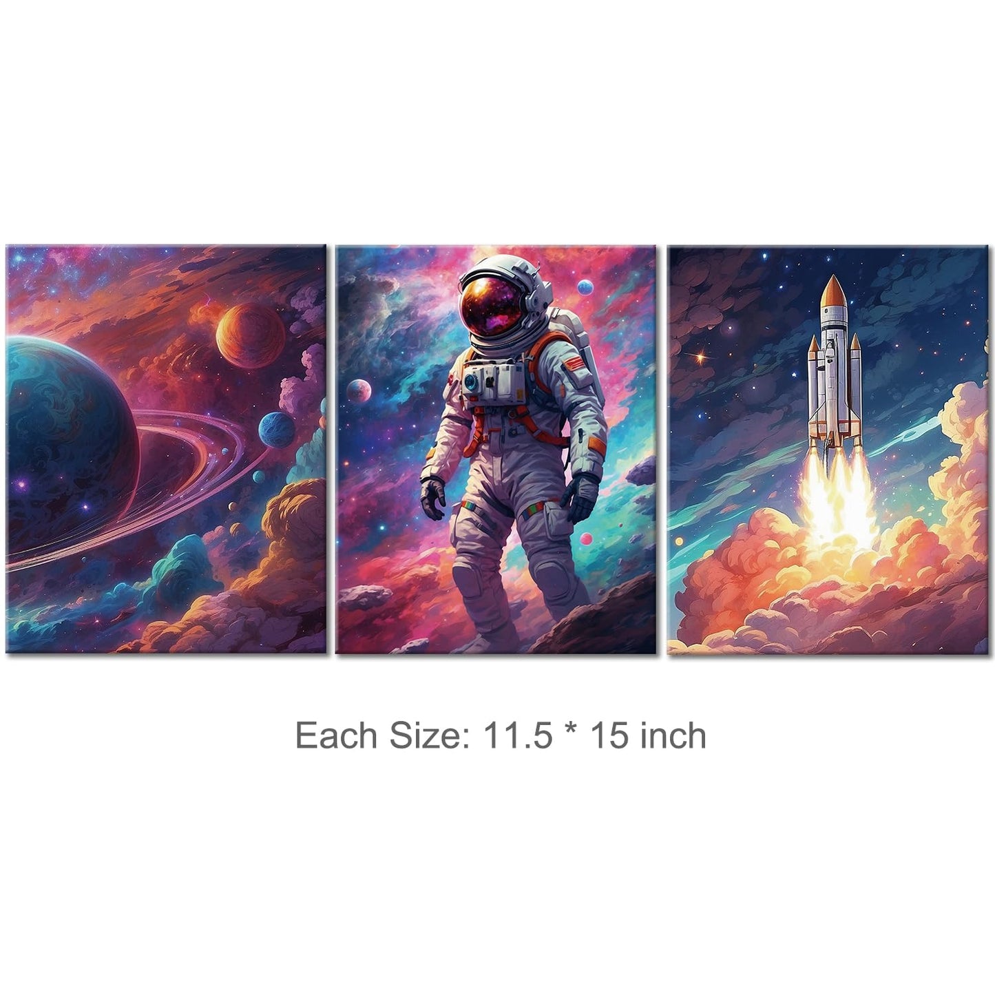 Outer Space Art Wall Decor Astronaut Spaceman Planets Spaceship Canvas Prints Posters Framed Artwork Space Room Boys Bedroom Playroom Nursery Home Space Decorations, 3 Panels
