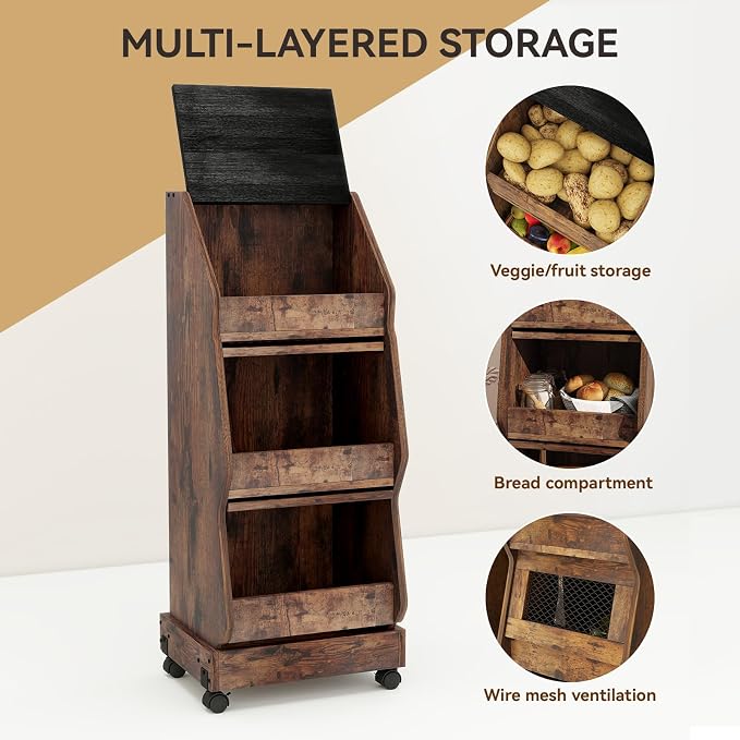 ARTETHYS Potato Storage Bin Movable Bread Box with Lid Rustic and Wheels Onion Organizer with Grocery Section Decorative Vegetable Organization Cabinet for Kitchen
