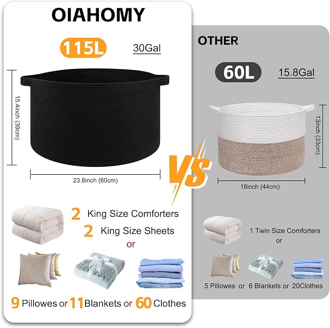 OIAHOMY 115L Extra Large Blanket Basket for Living Room, 23.6" x 15.4" Woven Cotton Rope Laundry Basket for Organizing Pillows, Decorative Stuffed Animal Toy Storage for Nursery, Black
