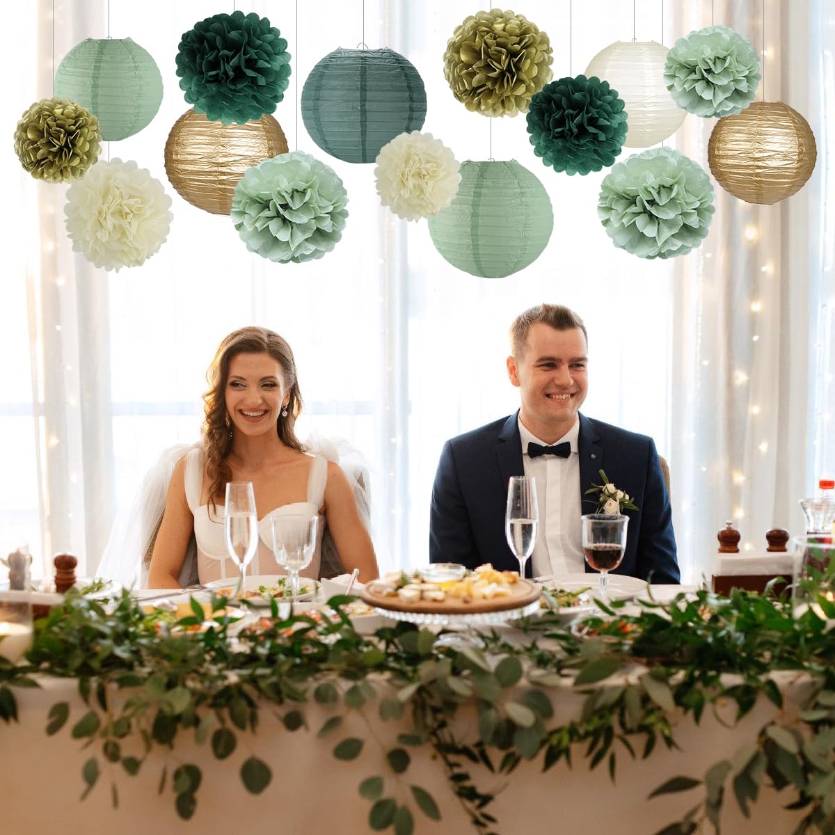 zilue Sage Green Party Decorations, Paper Lanterns and Pom Poms Flowers for Birthday Party Baby Shower Wedding Shower Decor Gold/Ivory/Sage Green 15pcs