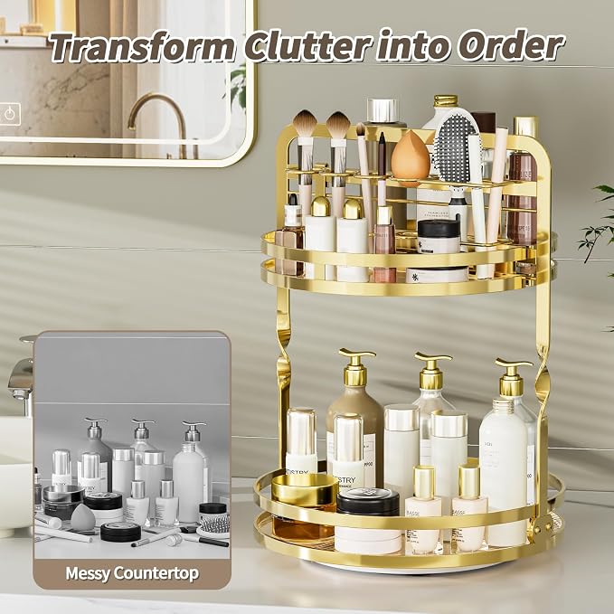 360° Rotating Makeup Organizer, 2-Tier Gold Perfume Organizer for Dresser, Bathroom Organizers Countertop, Perfume Shelf with Makeup Brush Holder, Skincare Holder Cosmetic Display(Gold)