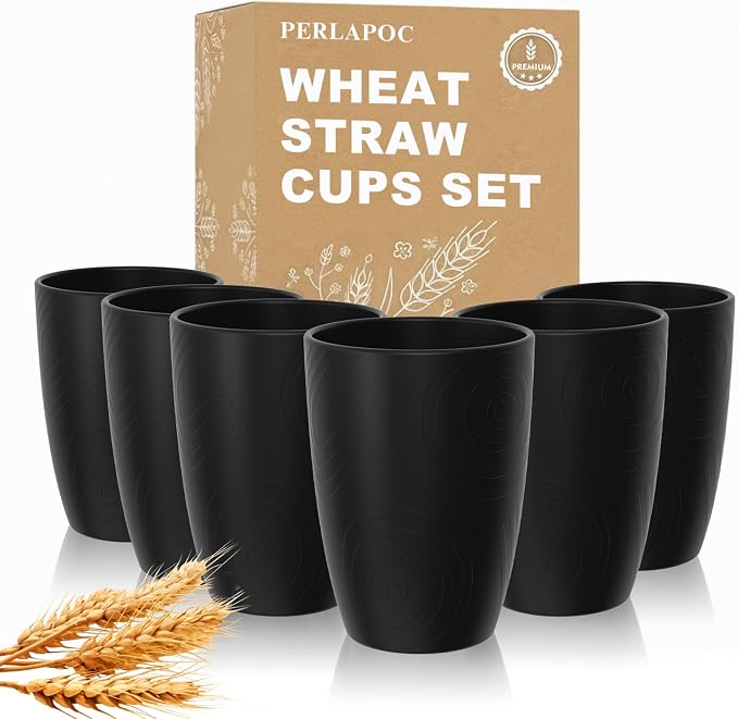 Wheat Straw Drinking Glasses Set of 6, Unbreakable 12 OZ Small Drinking Glasses, Alternative to Plastic Reusable Cups for Kitchen & Outdoor, Dishwasher Safe Cup Set, Black