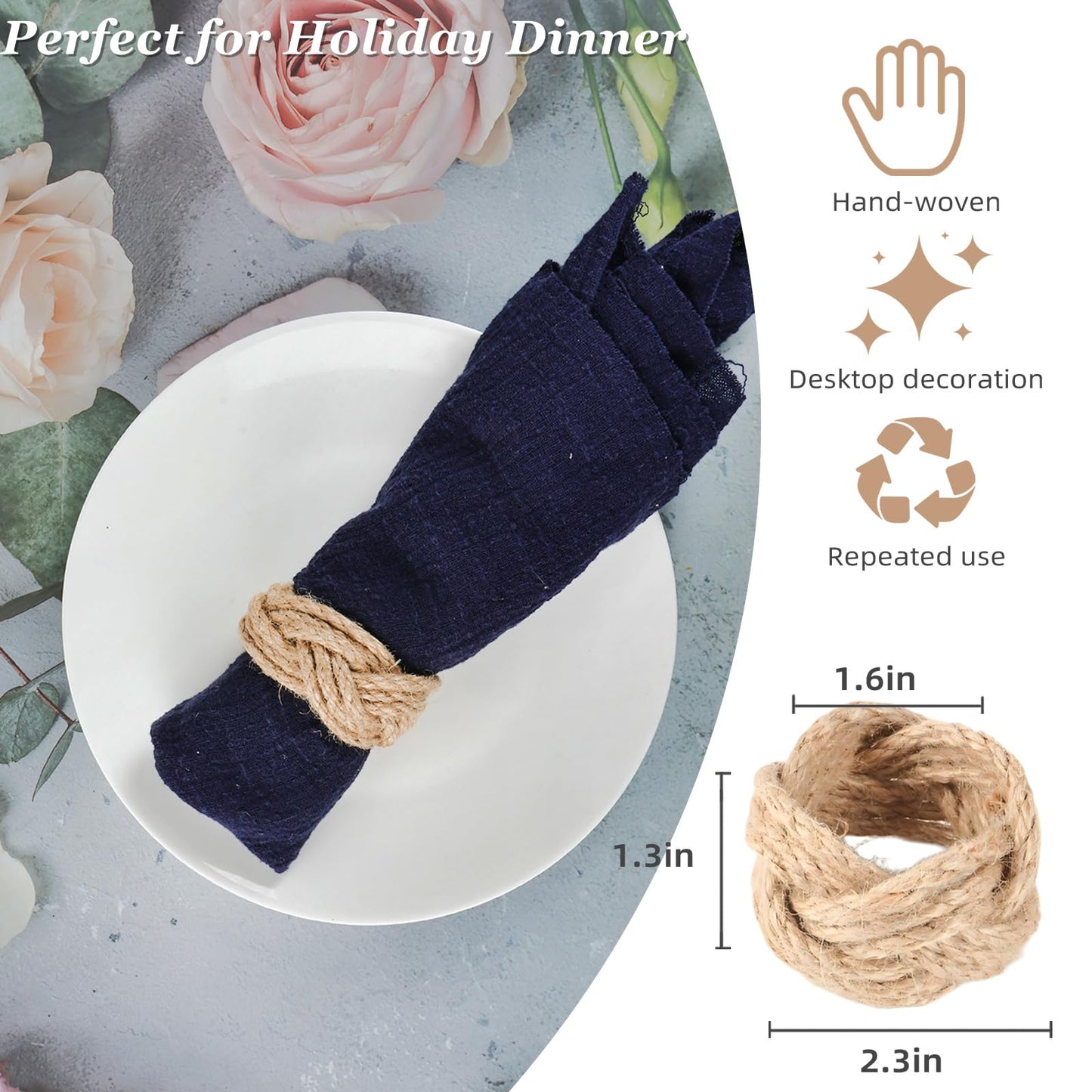 Woven Napkin Rings Set of 48, Mgrlfbl Farmhouse Burlap Napkin Ring Holders Bulk for Thanksgiving Christmas Holiday Dinner Birthday Wedding Banquet Party of Table Setting Decorations(Yute 48)