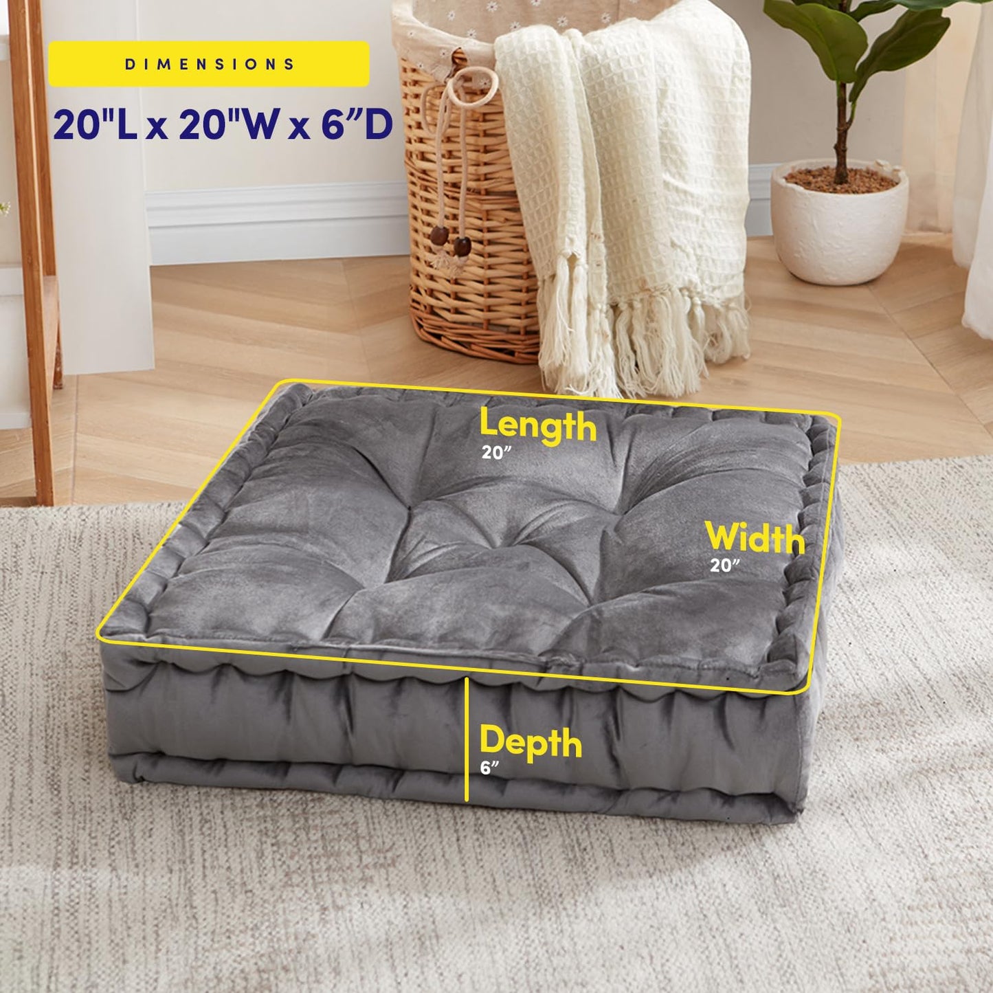 Sweet Home Collection Floor Pillow Large Square Tufted Decorative Cushion. Faux Velvet Fabric Ultra Thick Fill for Kids and Adults, Gray (Pack of 1)