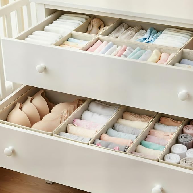 Drawer Organizer for Clothes & Underwear - 6-Pack Fabric Storage Bins with Zipper Bottom | Bra Drawer Organizer & Sock Organizer for Dresser - Foldable Baby Clothes Organizer Set, Grey