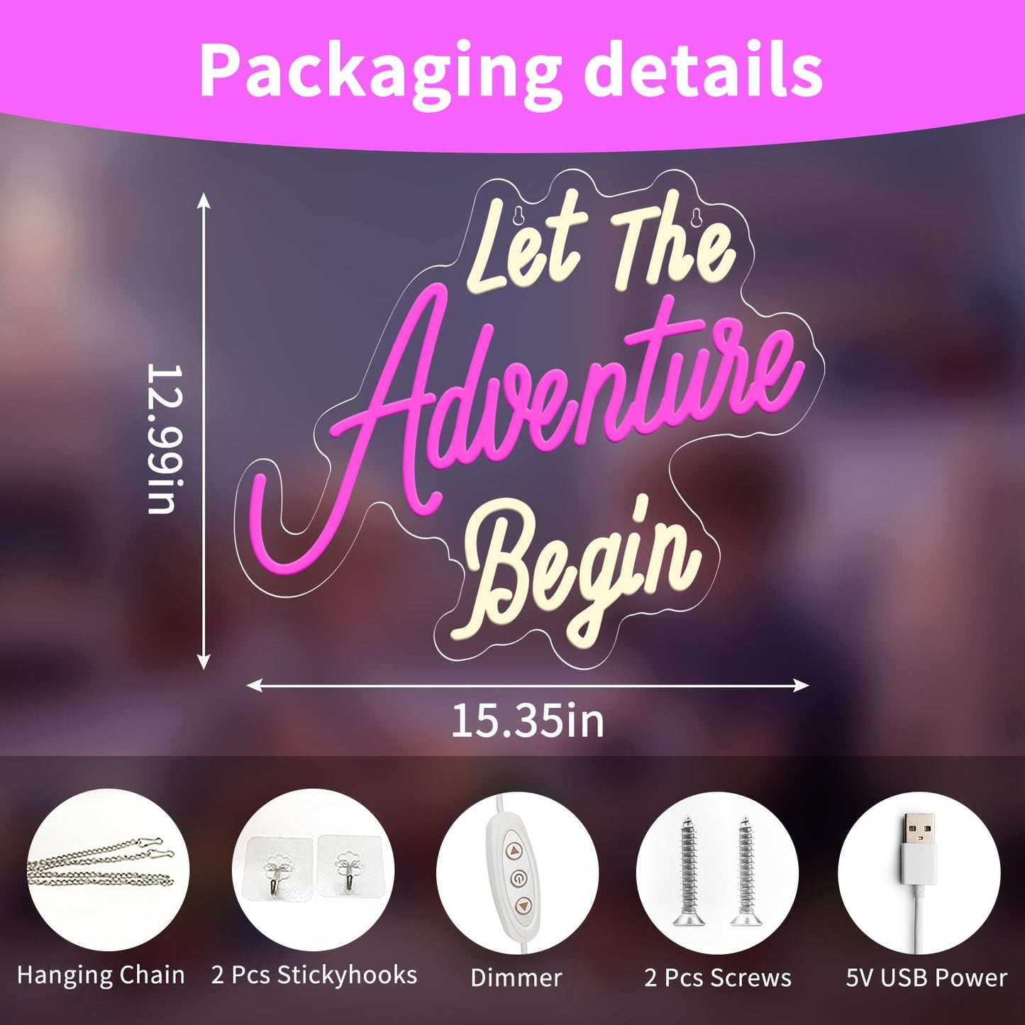 Let The Adventure Begin Neon Sign, Dimmable LED Neon Light for Wall Decor, USB Powered Acrylic Neon Sign for Bedroom, Man Cave, Camping, RV, Party & Adventure Themed Decoration 15.35 x 12.99 in