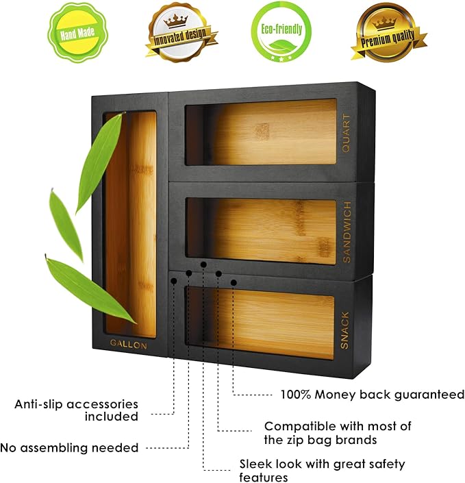 Bamboo food Bag Organizer for Kitchen Drawer, Baggie organizer, Compatible with Gallon, Quart, Sandwich and Snack Variety Size Bags (4 Piece Set) (Black)