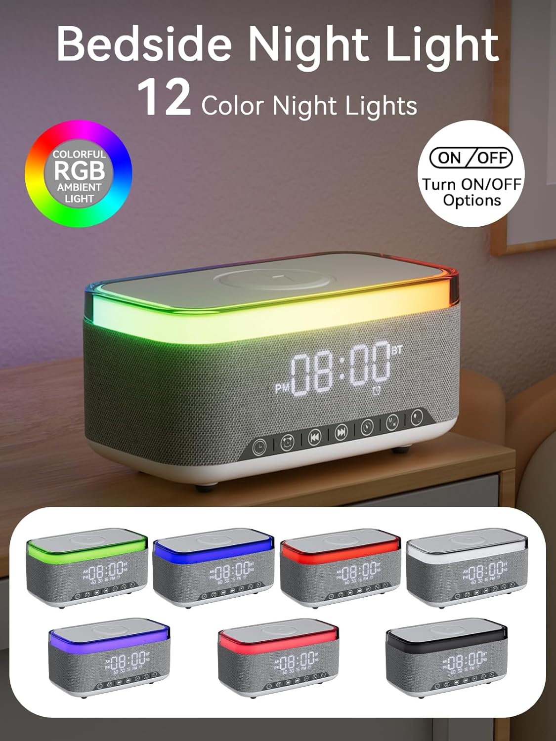 Reatsoc 10w 10W 12-Color Alarm Clock Bluetooth Speaker with Fast Wireless Charger for iPhone Samsung, Stereo Bluetooth