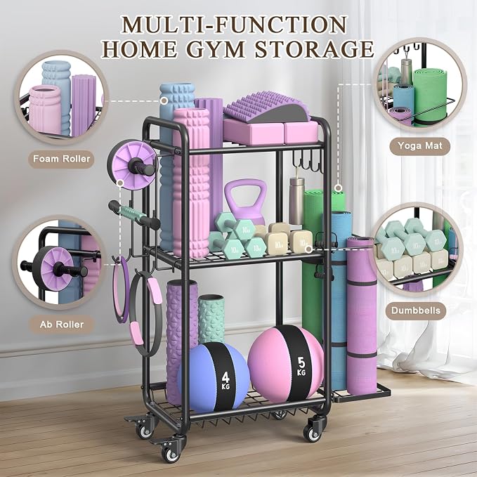 Multi-Functional Home Gym Storage Rack - Yoga Mat Storage Rack, Dumbbell Weight Rack & Workout Equipment Storage with Heavy-Duty Steel Construction for Gym Fitness Organizer