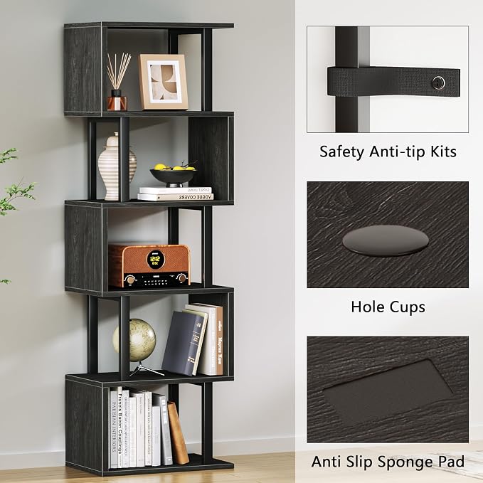 Furologee 6 Tier Bookshelf Tall Geometric Bookcase, S Shaped Industrial Display Standing Shelf, Metal and Wood Decorative Storage Room Divider Rack for Bedroom, Living Room, Office, Light Black Oak