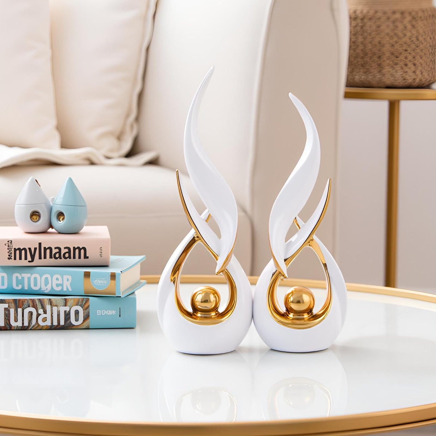 Gold Ceramic Abstract 2 Piece Statue Set,Mid Century Modern Abstract Art Home Decor Statue Mantelpiece on Unique Shelf Decor, TV Cabinet Divider Table top and Dining Table Centerpiece (White Gold)