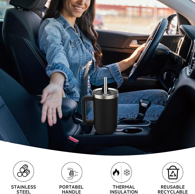 40 oz Tumbler with Handle,Tumbler with Lid and Straw,Double Wall Insulated Cup Stainless Steel Travel Mug(Cold for 34 Hours),Water Bottle for Iced Tea,Coffee,Cold Beverages(Black)