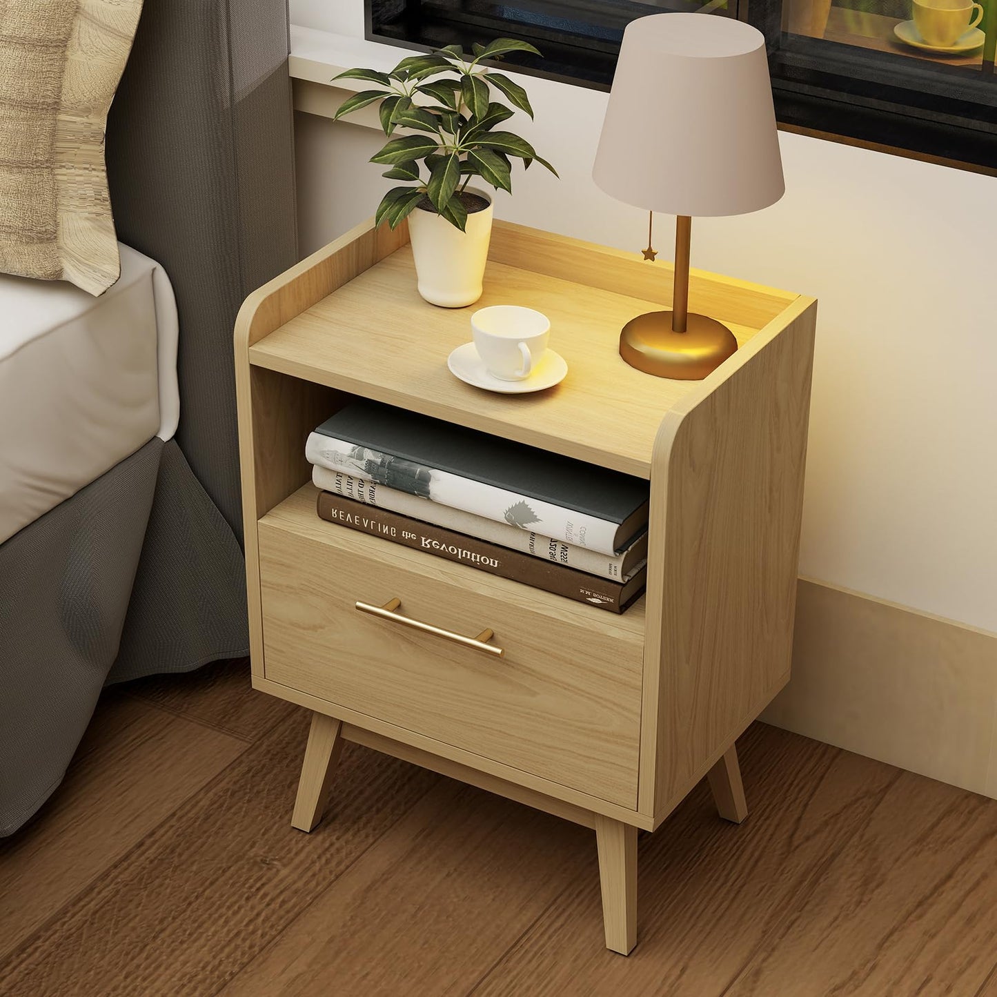 Favoduerme Night Stand with Drawer & Open Storage Shelf, Small Wooden Nightstand with Raised Edge, Mid Century Modern Side Table with Solid Wood Feet, Metal Handle for Bedroom Natural