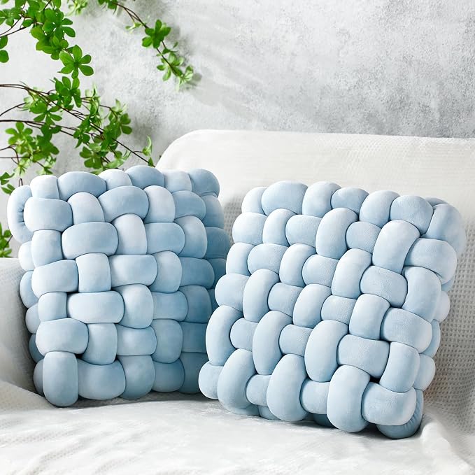 Wenqik 2 Pcs Knot Pillows Square Knotted Plush Throws Soft Accent Pillows Decoration Cushion for Couch Home Office Living Room Bedroom Bed Sofa Decor, 12'' x 13''(Ice Blue,Crystal Velvet)