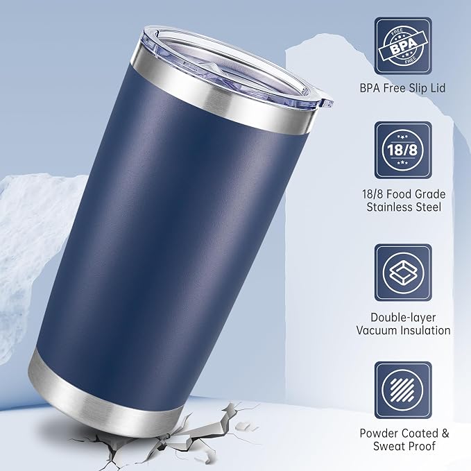 20 oz Tumblers Bulk Stainless Steel Tumbler with Lid Double Wall Vacuum Insulated Coffee Mug 20oz Powder Coated Cup for Hot and Cold Drinks, Navy, 6 pack