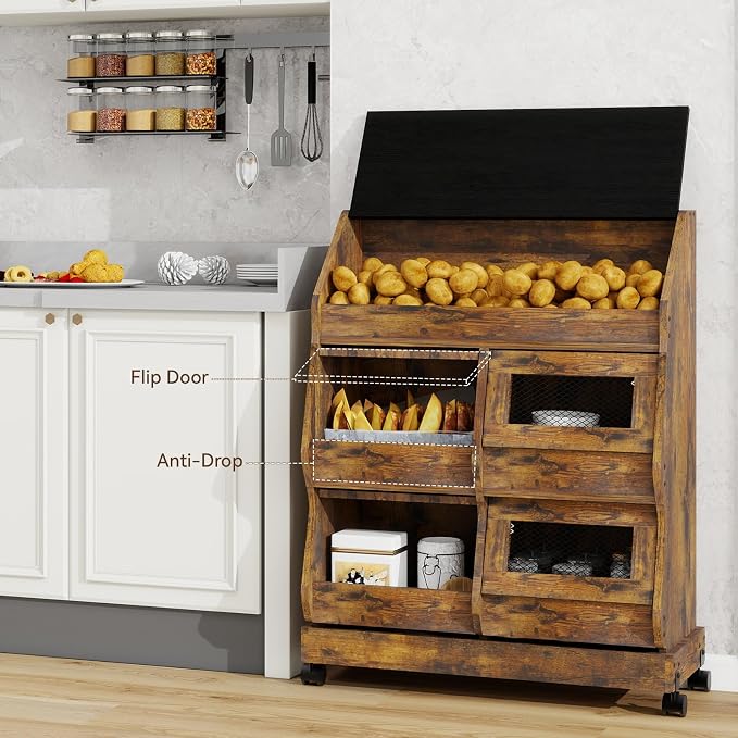 ARTETHYS Potato and Onion Storage Bin for Kitchen Large Potato Storage Box with Wheels 3 Tier Bread Container Holder with Lid and Grocery Section Decorative Vegetable Organization Cabinet for Kitchen