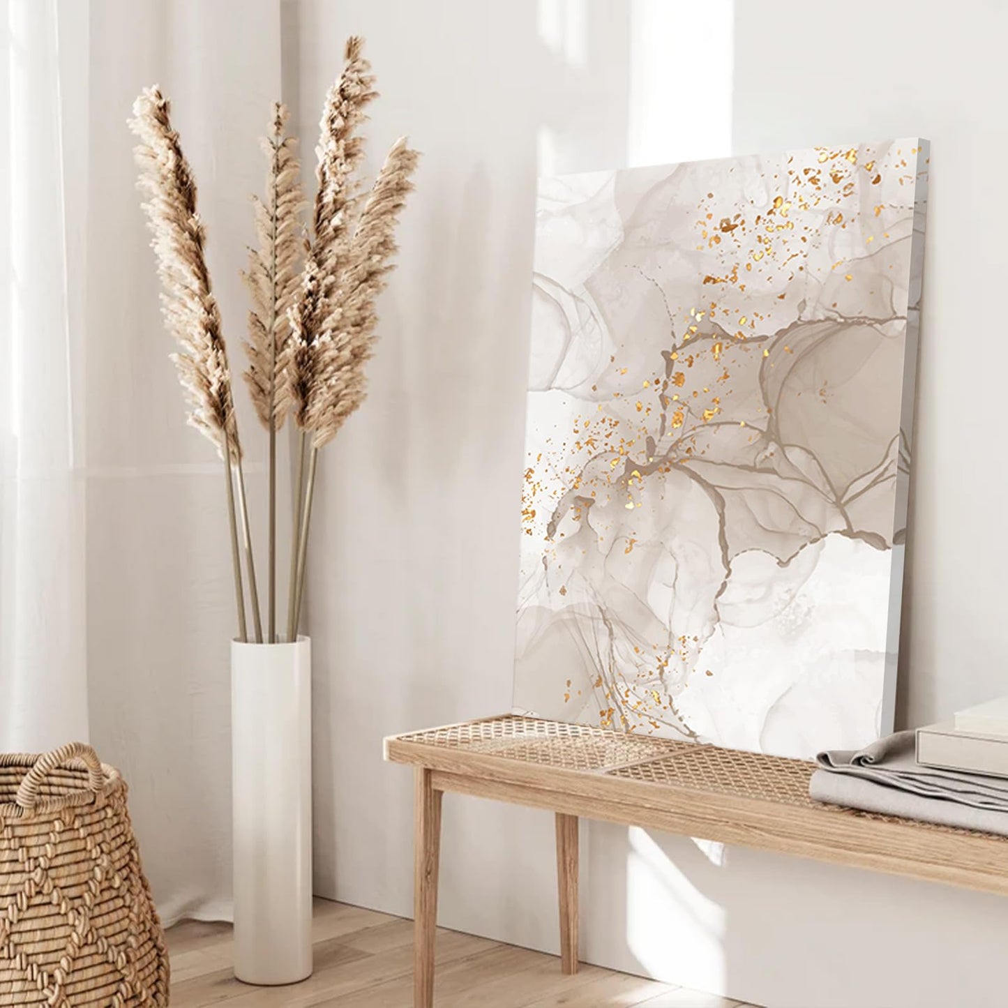 Beige Abstract Wall Art Set of 3,Beige Gold Boho Wall Decor Living Room,Netural Tones Mid Century Modern Framed Wall Art,Netural Boho Canvas Art Wall Decor Paintings for Bedroom Bathroom-12" x 16"