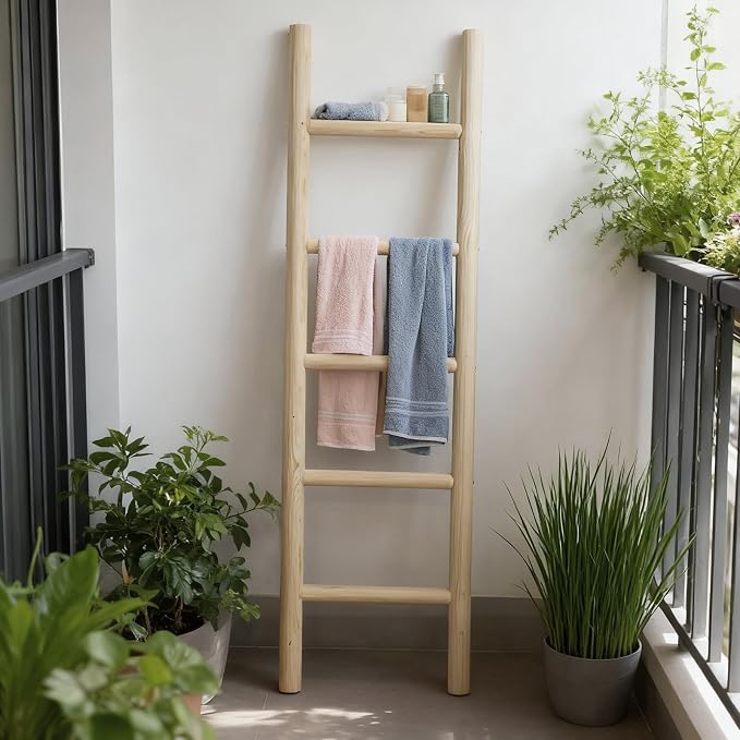 Wooden Blanket Ladder - 57in Natural Wood Color- Leaning Wall Decor for Bedroom, Bathroom, Living Room - Rustic Quilt Holder (Light Wood Color, 57in | Knock Down)