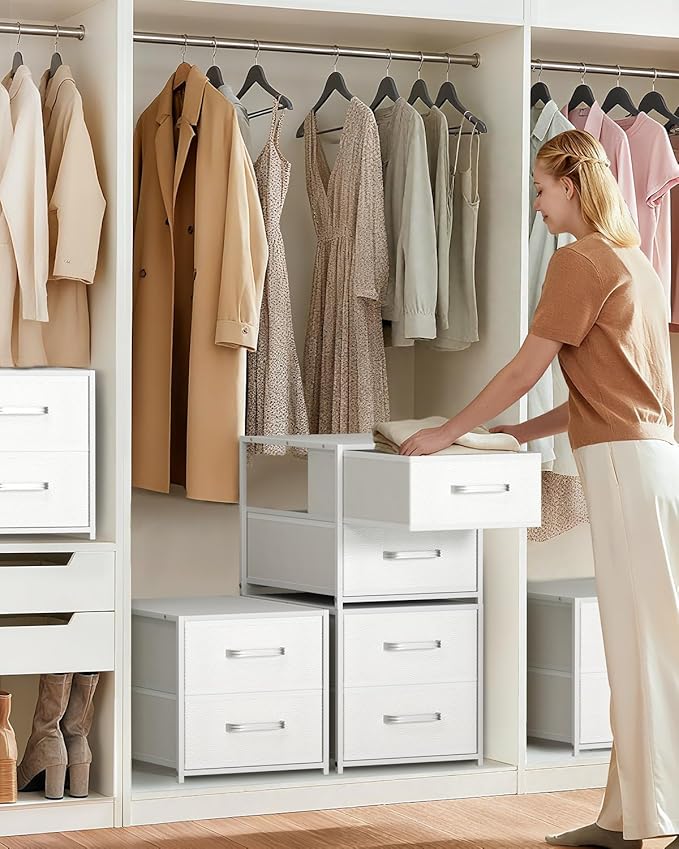 Homsorout Stackable Storage Drawers - 2 Tier Closet Organizer with Metal Handles and Metal Frame, Fabric Dresser with Collapsible Bins for Bedroom, Dorm, Office, White, 2 Pack