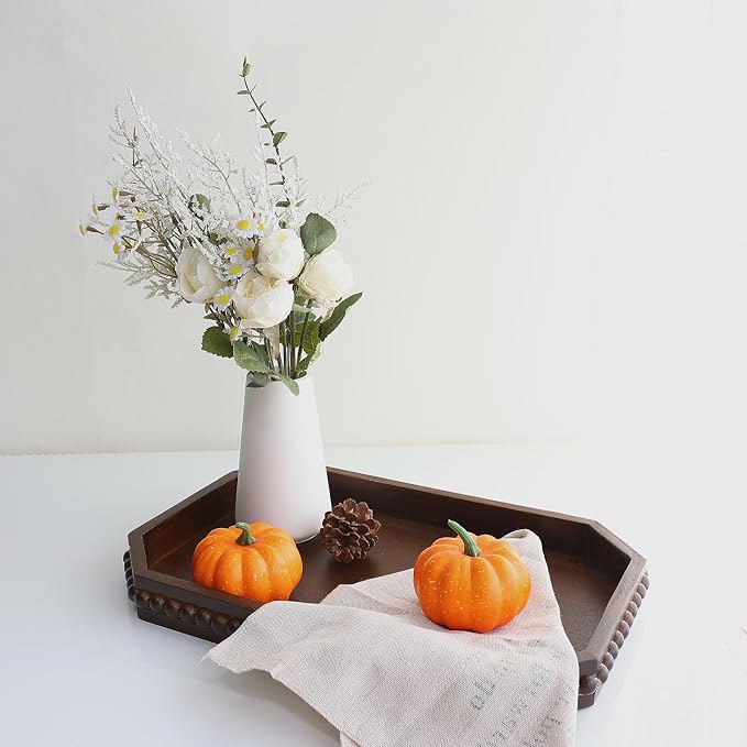 Hrastany Retro Brown Wood Serving Tray with Beads, Farmhouse Decorative Tray for Table Centerpiece, Christmas Wedding Halloween Home Decor
